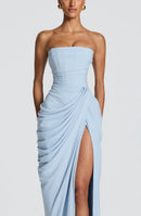 Solvian Glacier Blue Ruched Maxi Dress with Cross Front