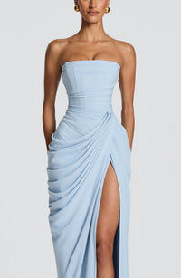 Solvian Glacier Blue Ruched Maxi Dress with Cross Front