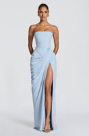 Solvian Glacier Blue Ruched Maxi Dress with Cross Front