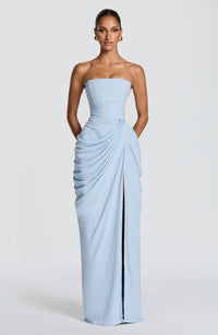 Solvian Glacier Blue Ruched Maxi Dress with Cross Front