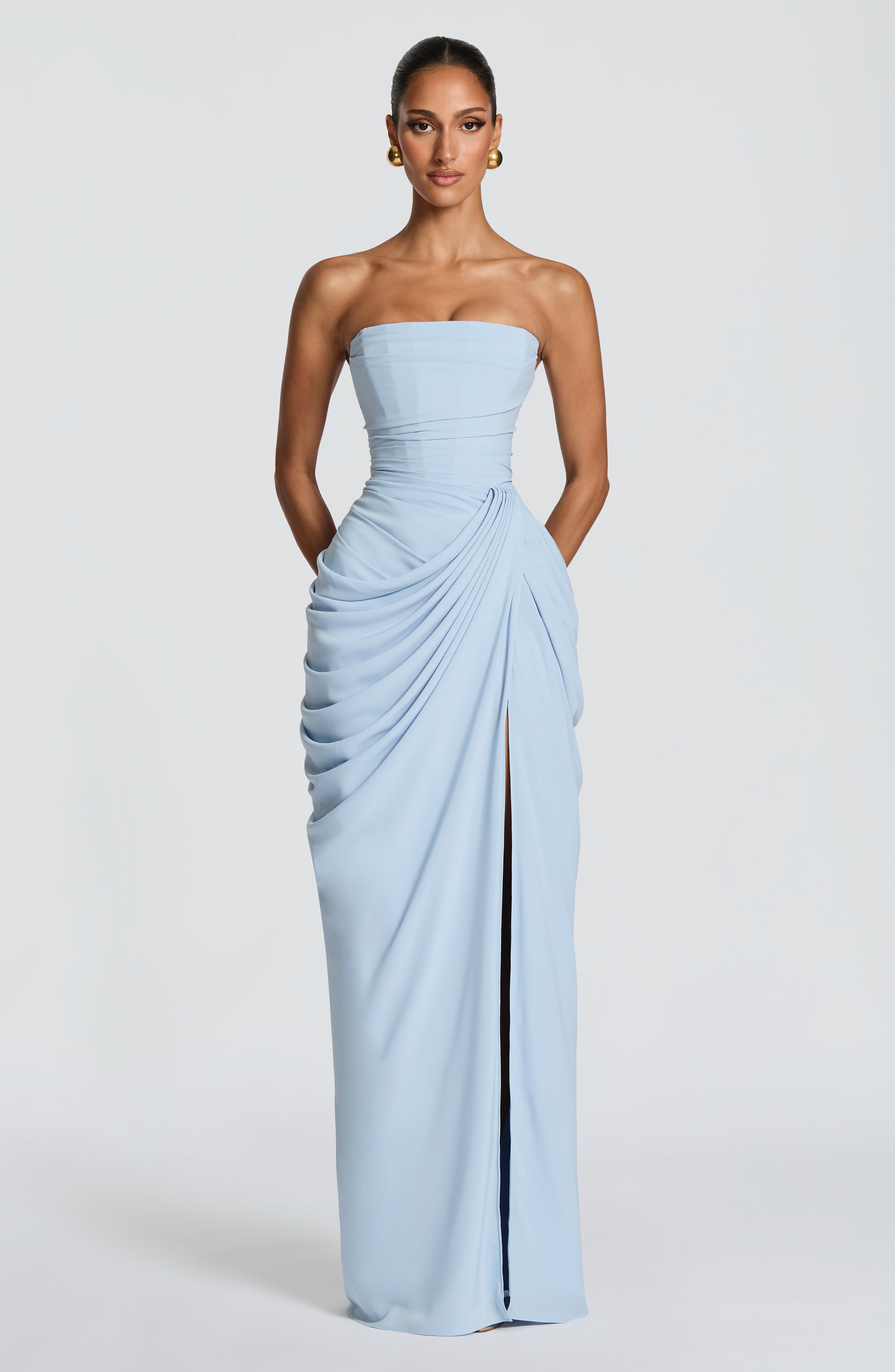 Solvian Glacier Blue Ruched Maxi Dress with Cross Front
