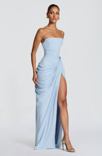 Solvian Glacier Blue Ruched Maxi Dress with Cross Front