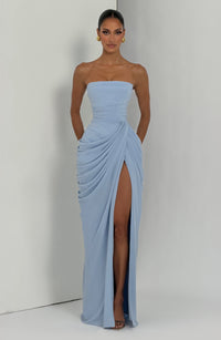 Solvian Glacier Blue Ruched Maxi Dress with Cross Front
