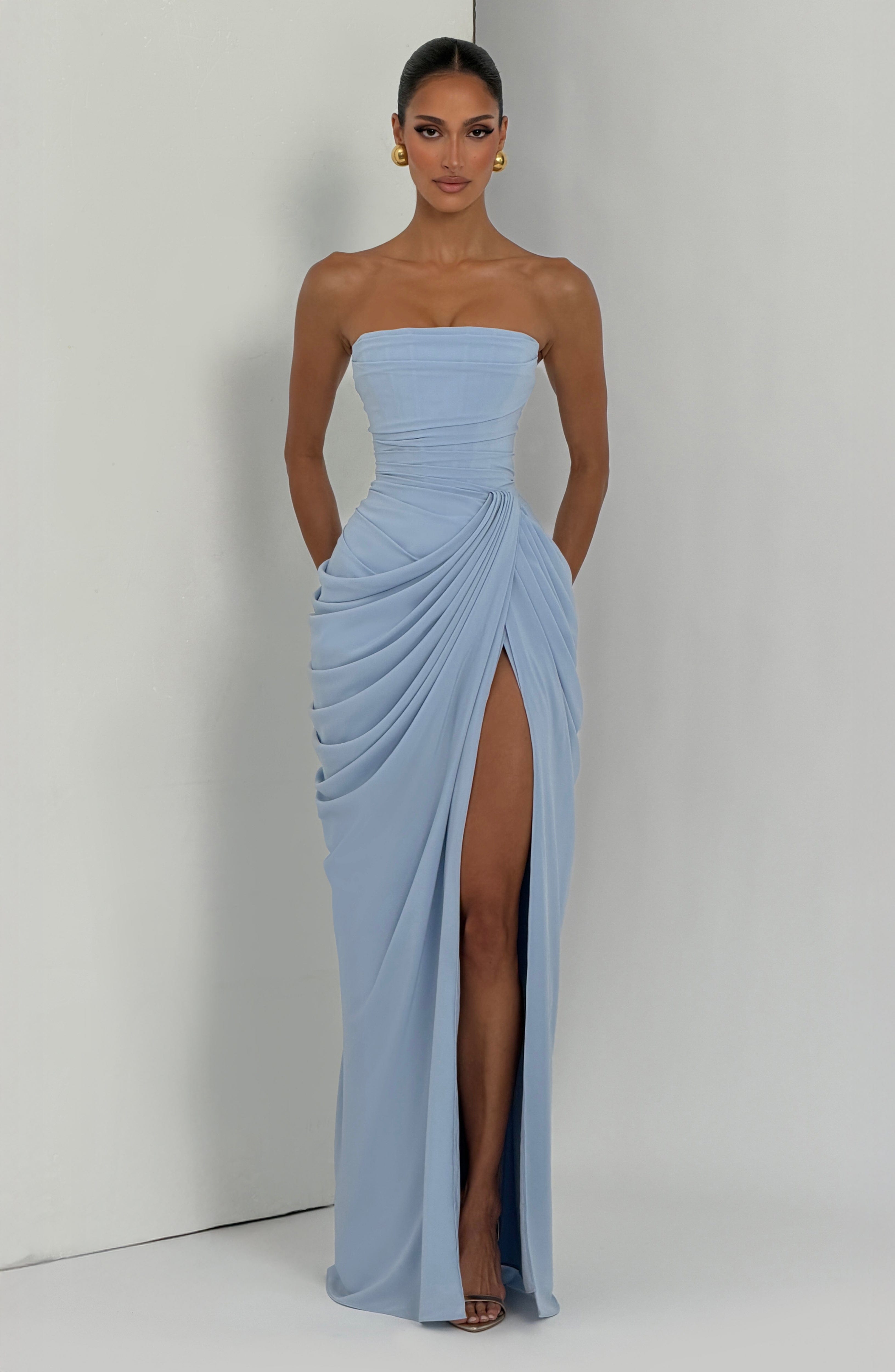 Solvian Glacier Blue Ruched Maxi Dress with Cross Front