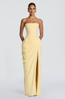 Solvian Lemon Ruched Maxi Dress with Cross Front
