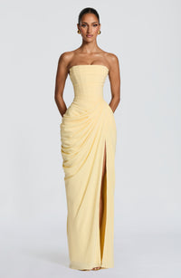 Solvian Lemon Ruched Maxi Dress with Cross Front