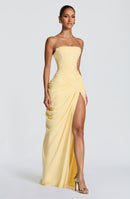 Solvian Lemon Ruched Maxi Dress with Cross Front
