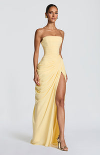 Solvian Lemon Ruched Maxi Dress with Cross Front