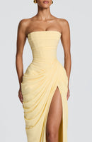 Solvian Lemon Ruched Maxi Dress with Cross Front