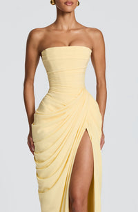 Solvian Lemon Ruched Maxi Dress with Cross Front