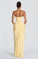 Solvian Lemon Ruched Maxi Dress with Cross Front