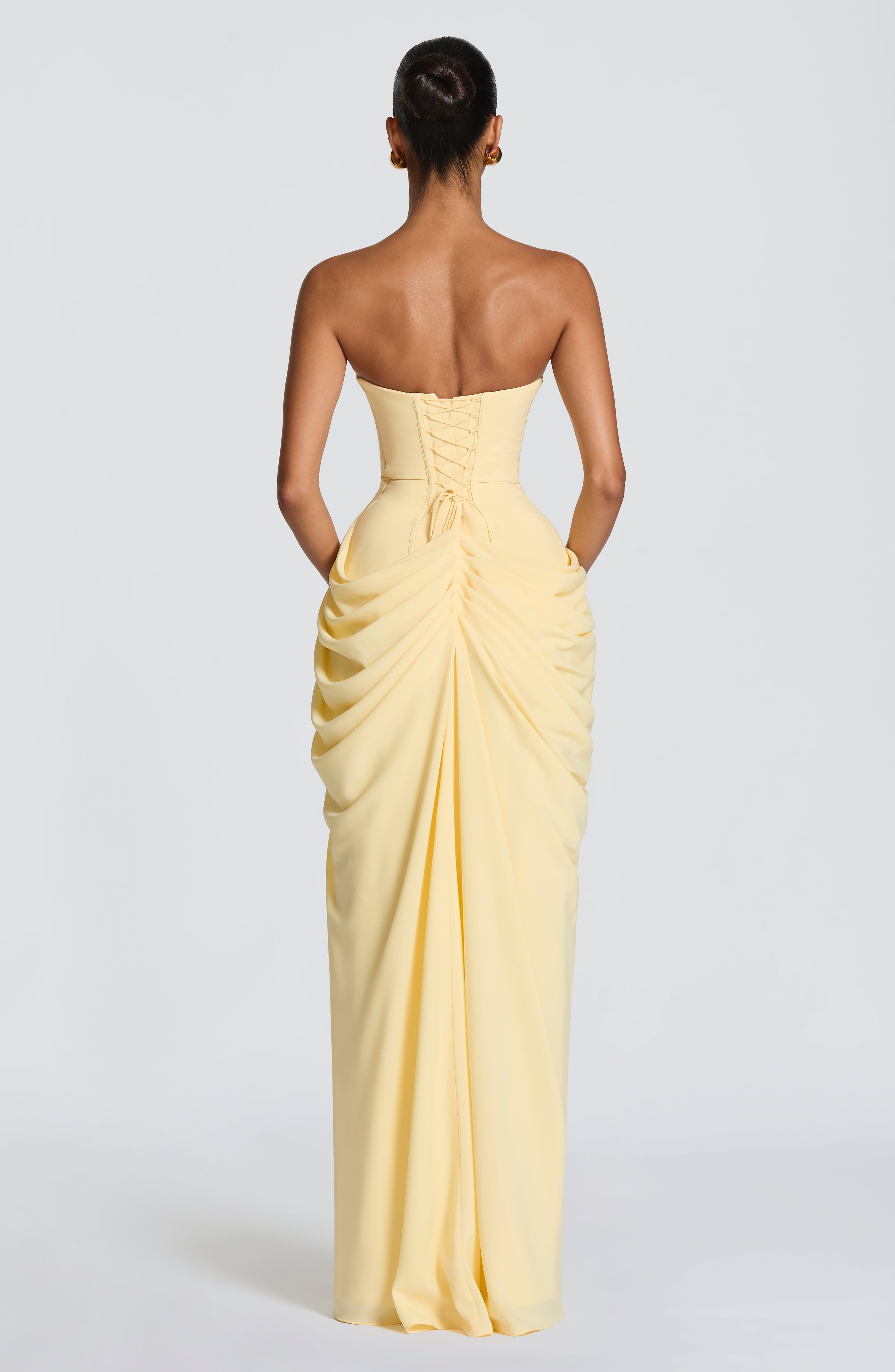 Solvian Lemon Ruched Maxi Dress with Cross Front