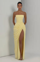 Solvian Lemon Ruched Maxi Dress with Cross Front