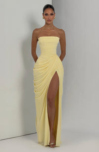 Solvian Lemon Ruched Maxi Dress with Cross Front