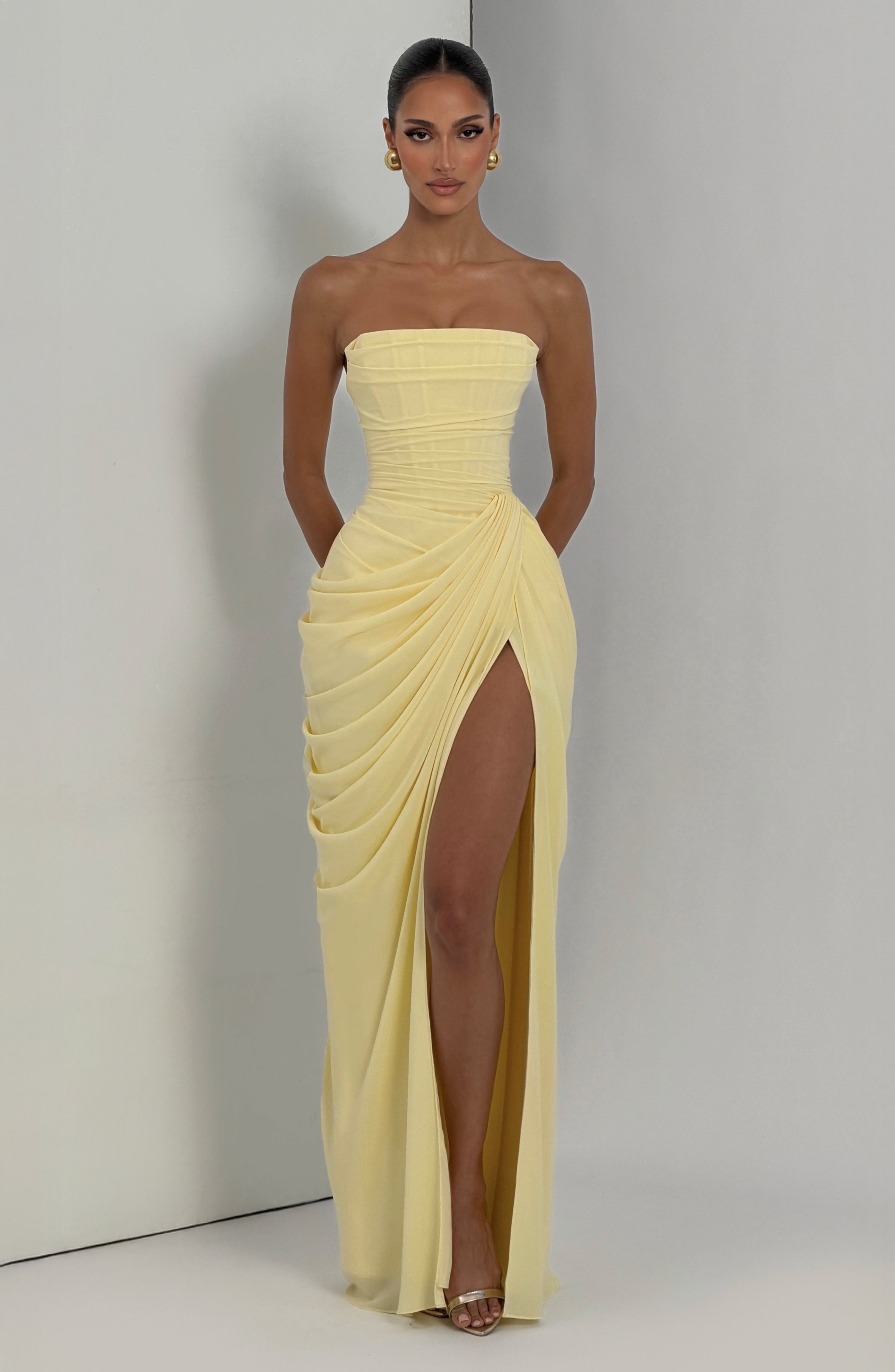 Solvian Lemon Ruched Maxi Dress with Cross Front