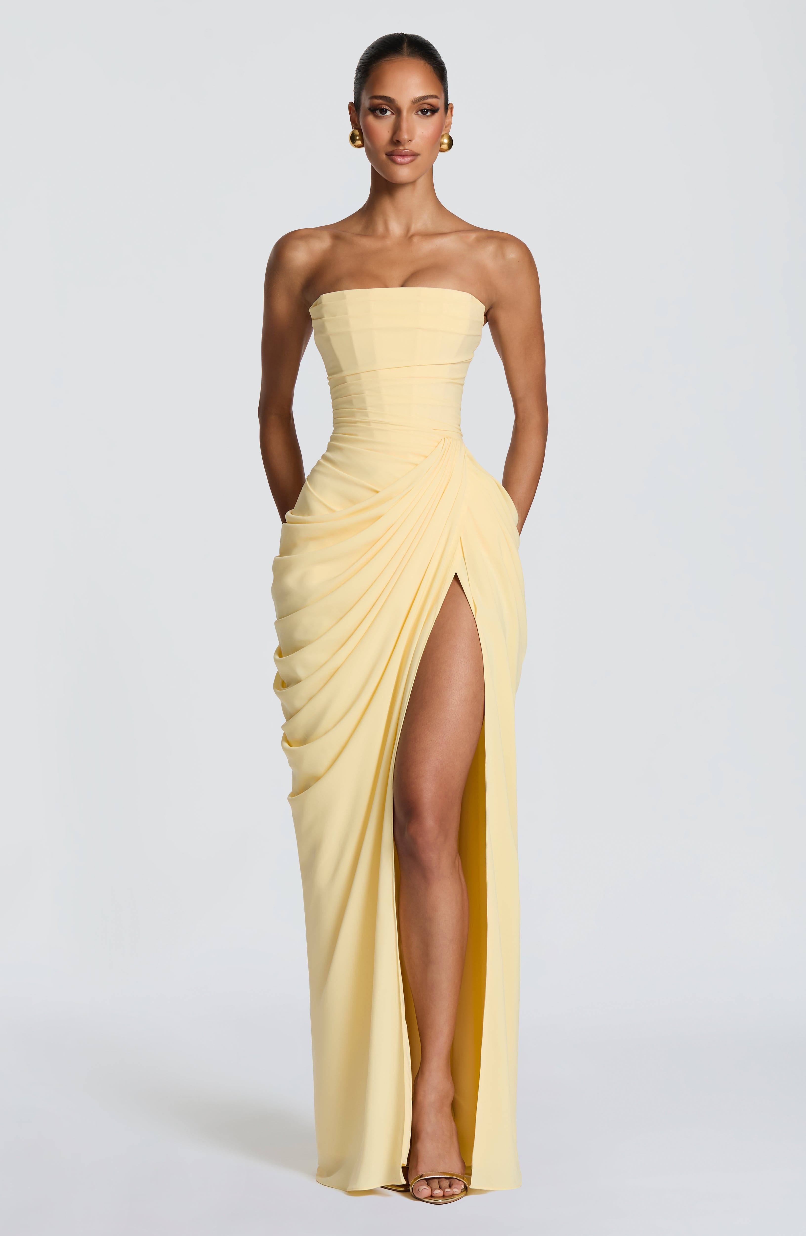 Solvian Lemon Ruched Maxi Dress with Cross Front