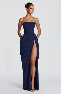 Solvian Navy Blue Ruched Maxi Dress with Cross Front