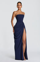 Solvian Navy Blue Ruched Maxi Dress with Cross Front