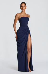 Solvian Navy Blue Ruched Maxi Dress with Cross Front