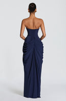 Solvian Navy Blue Ruched Maxi Dress with Cross Front