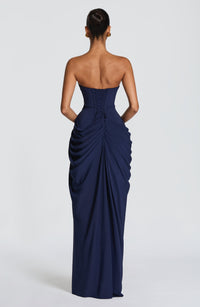 Solvian Navy Blue Ruched Maxi Dress with Cross Front