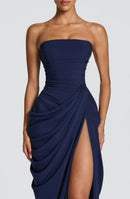 Solvian Navy Blue Ruched Maxi Dress with Cross Front