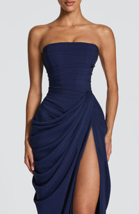 Solvian Navy Blue Ruched Maxi Dress with Cross Front