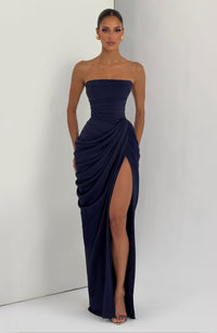 Solvian Navy Blue Ruched Maxi Dress with Cross Front