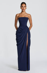 Solvian Navy Blue Ruched Maxi Dress with Cross Front
