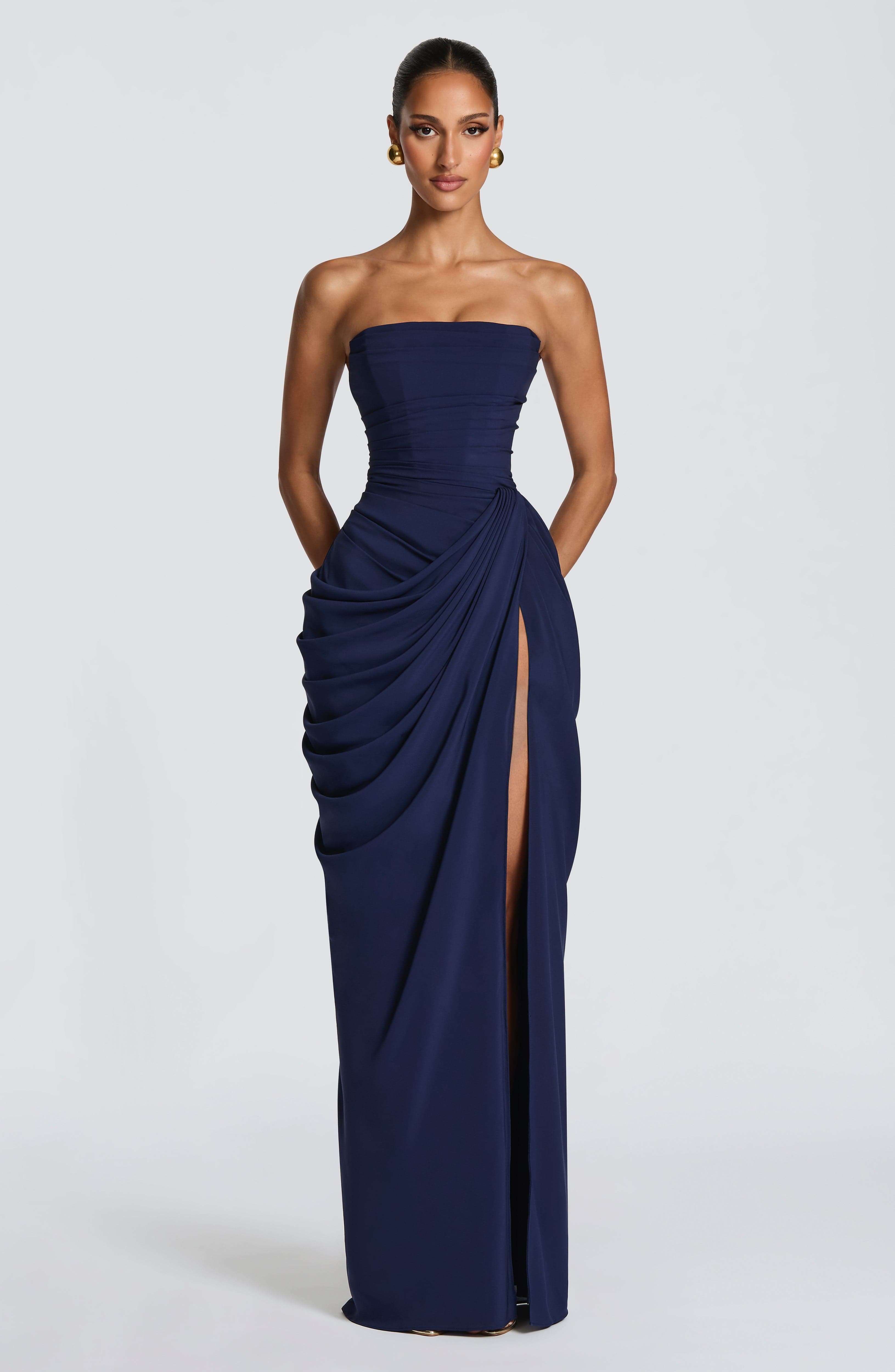Solvian Navy Blue Ruched Maxi Dress with Cross Front