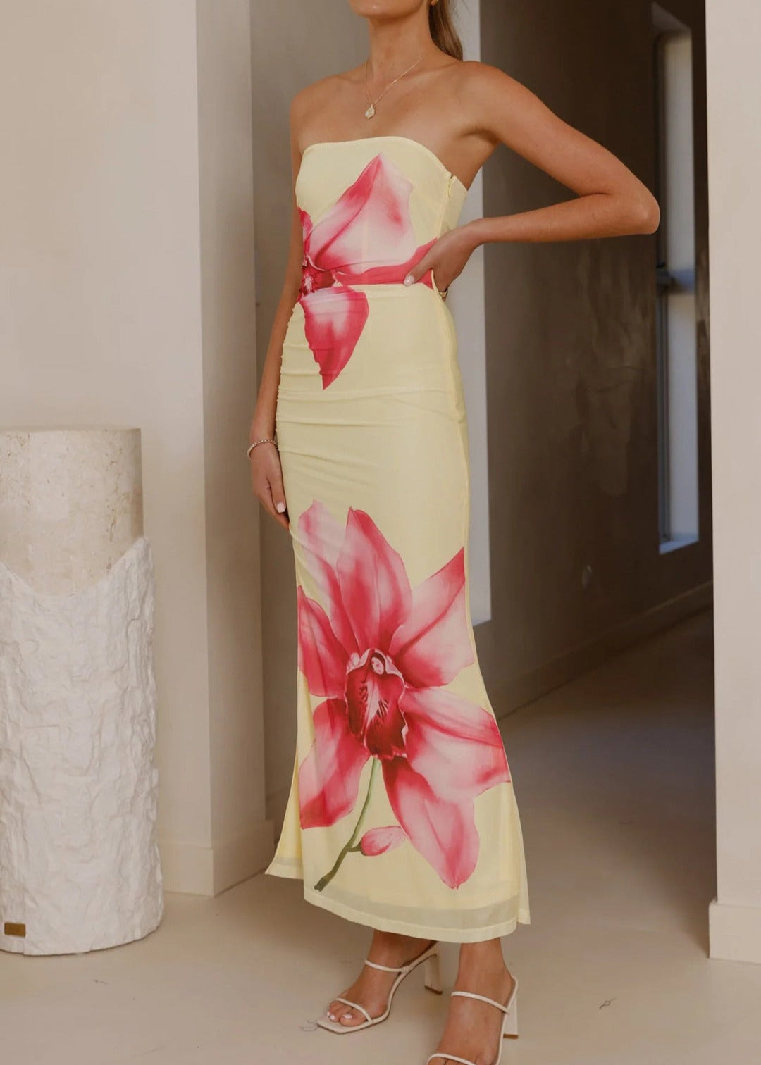 Oxion Strapless Floral Maxi Dress In Yellow
