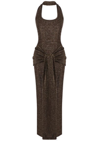 Mansi Halter Sparkly Maxi Dress In Brown