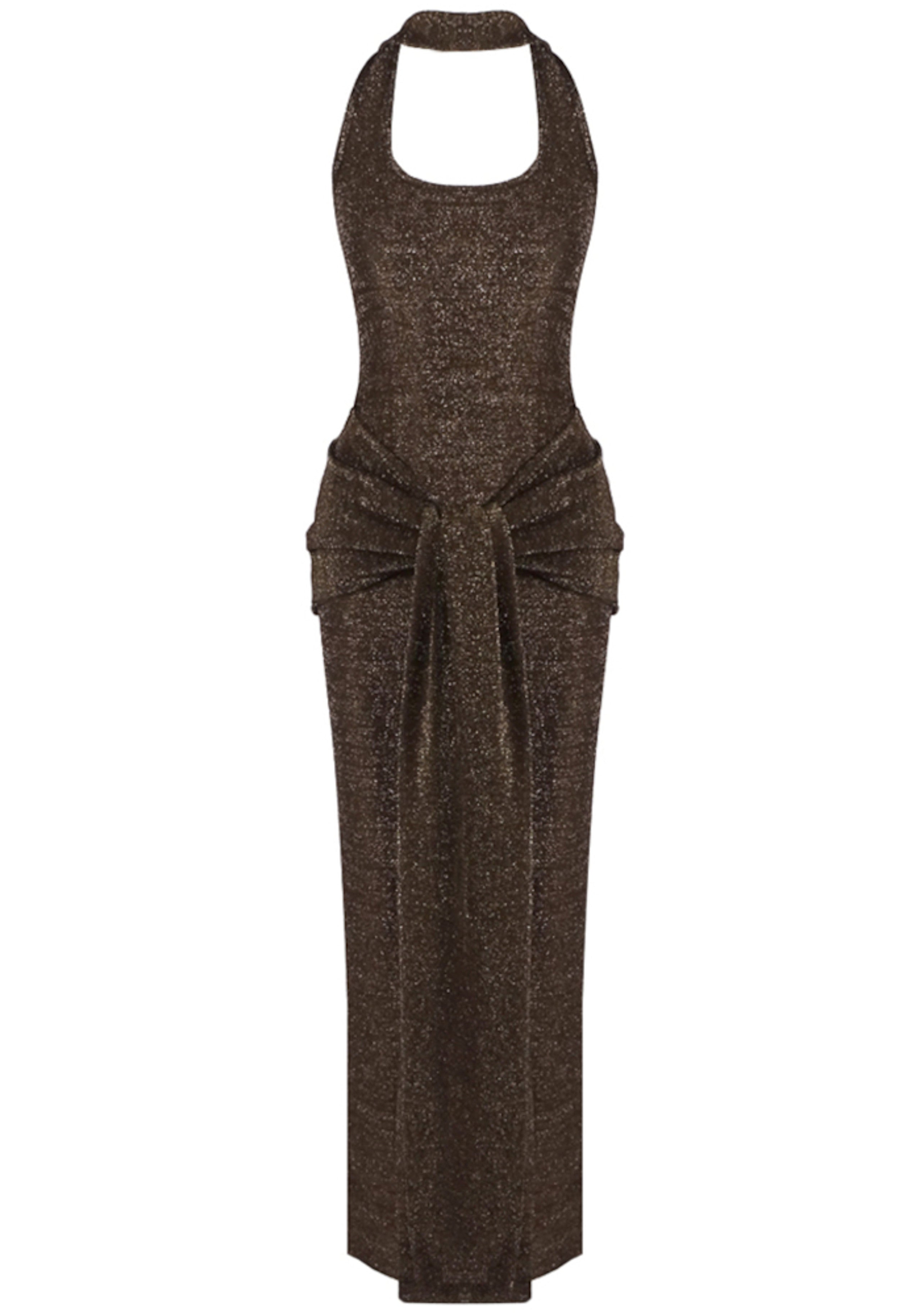 Mansi Halter Sparkly Maxi Dress In Brown