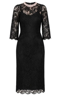 Keyren Crystal Neckline Lace Midi Dress In Black