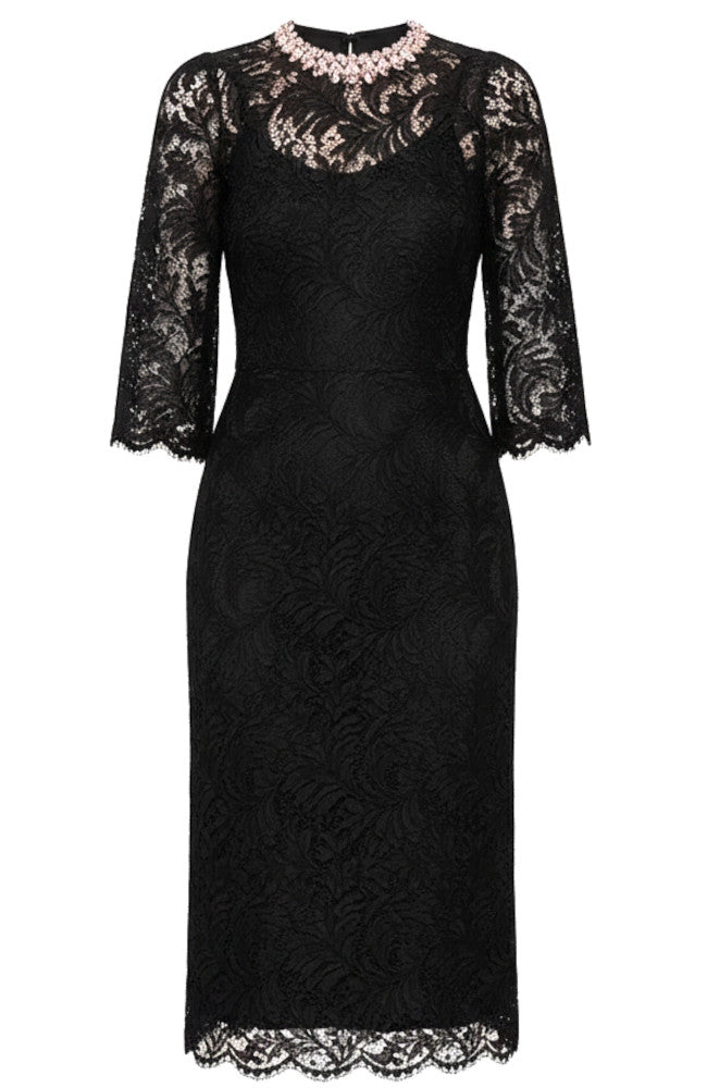 Keyren Crystal Neckline Lace Midi Dress In Black