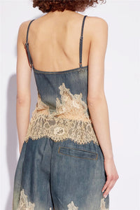 Laure Lace-Detail Denim Top & Shorts Matching Set