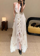 Cyvrix Floral Ruffle Halter Maxi Dress In White