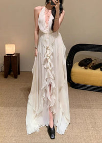 Cyvrix Floral Ruffle Halter Maxi Dress In White