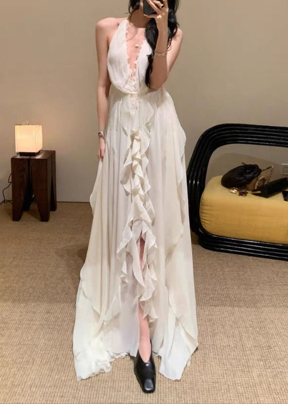 Cyvrix Floral Ruffle Halter Maxi Dress In White