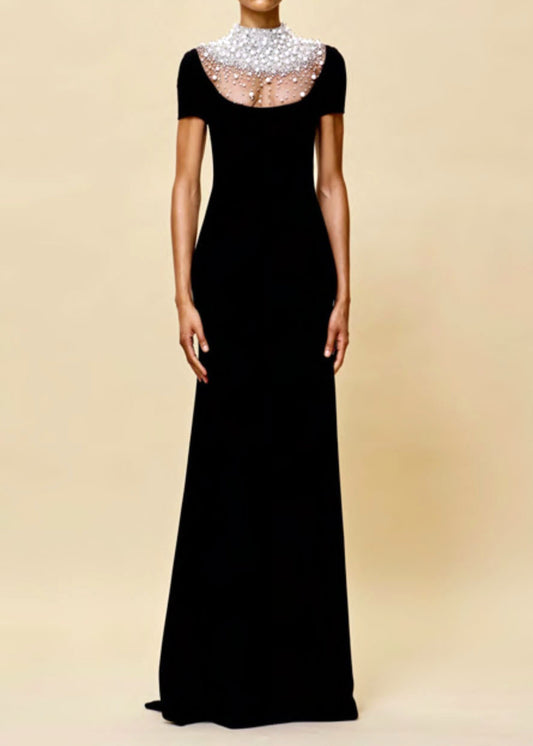 Scorpio Short Sleeve Pearl Mesh Maxi Velvet Dress In Black