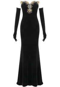 Axiom Strapless Crystal Embellished Maxi Velvet Dress In Black