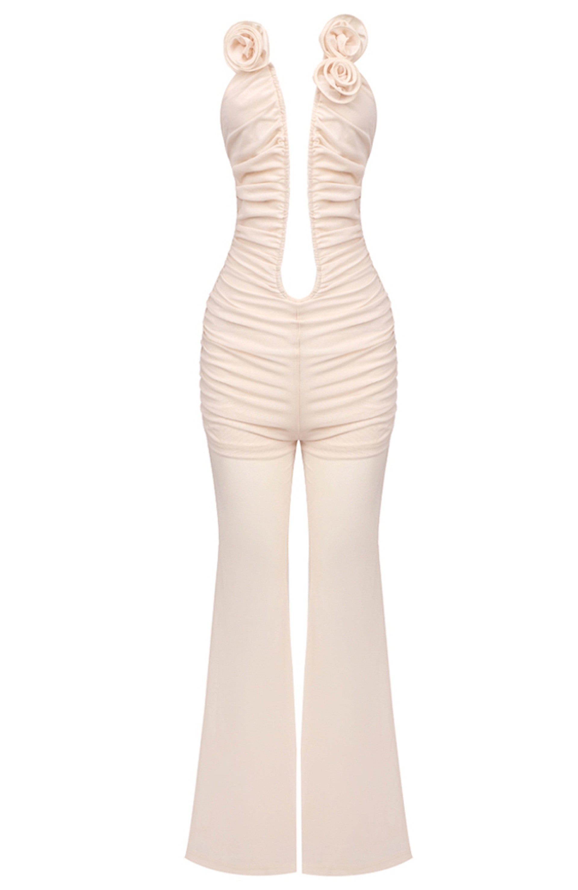 Aiyana Strapless Floral Ruched Jumpsuit In Nude