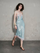 Gravenk Lace-Paneled Satin Midi Dress In Mint Blue
