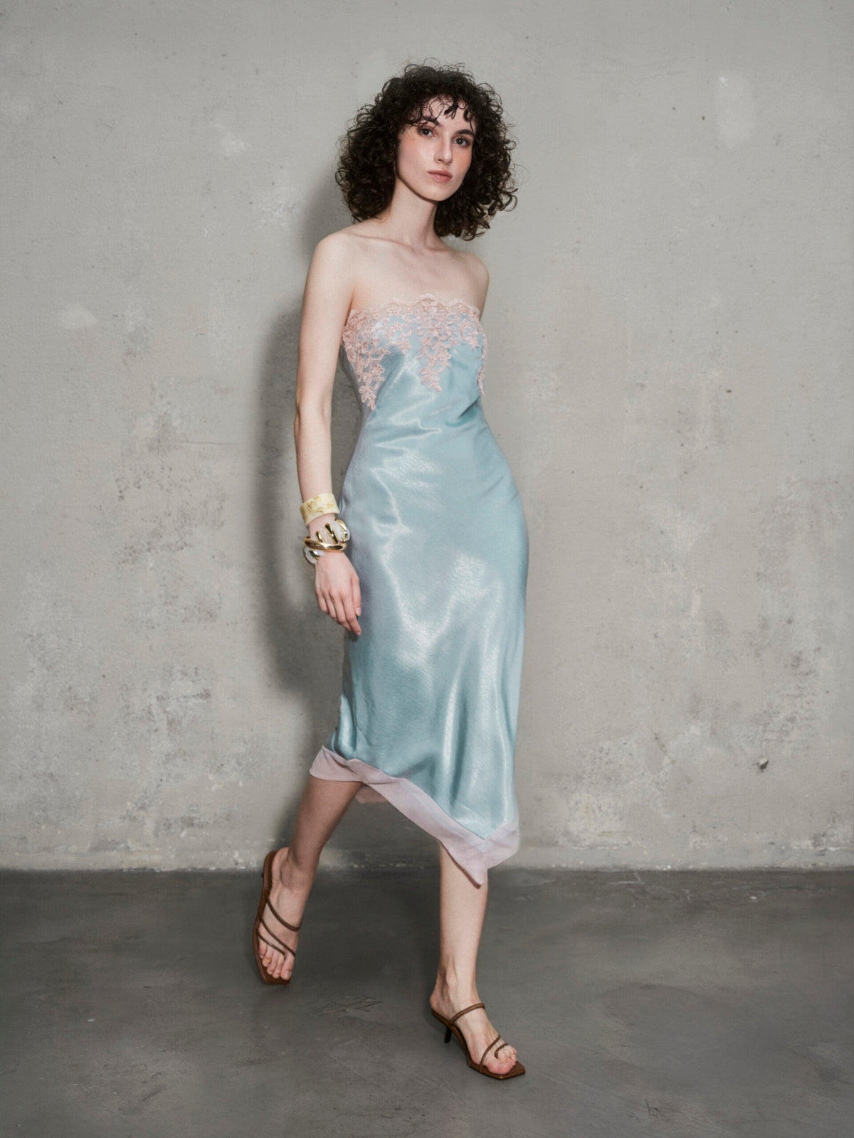 Gravenk Lace-Paneled Satin Midi Dress In Mint Blue