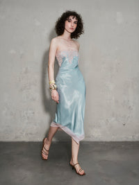 Gravenk Lace-Paneled Satin Midi Dress In Mint Blue