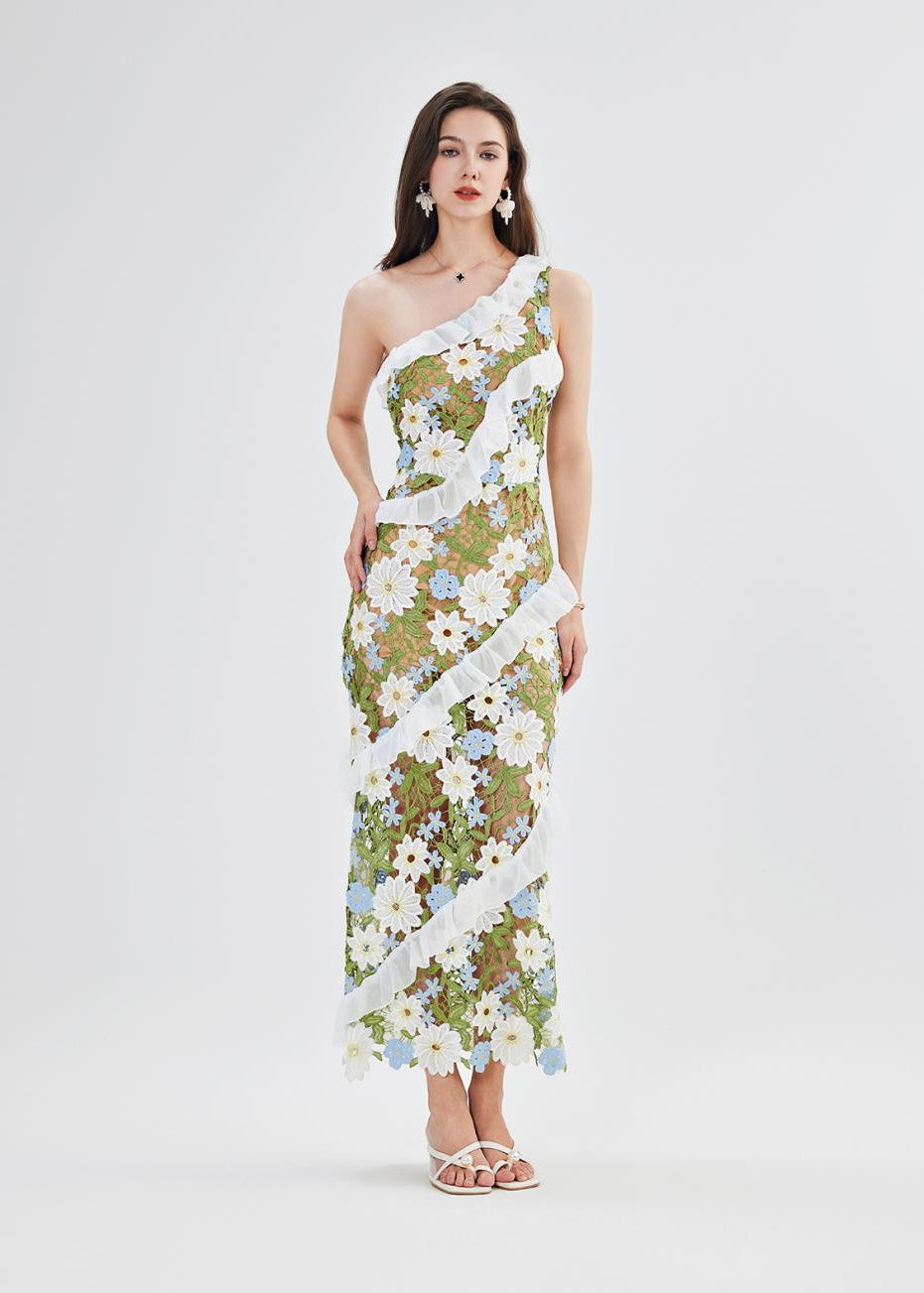 Catherine One Shoulder Flower Embroidered Maxi Dress