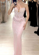 Zexmir Strapless Bustier Crystal Sequin Maxi Dress In Pink
