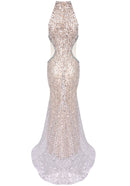 Laurie Halter Crystal Sequin Mermaid Maxi Dress In Silver