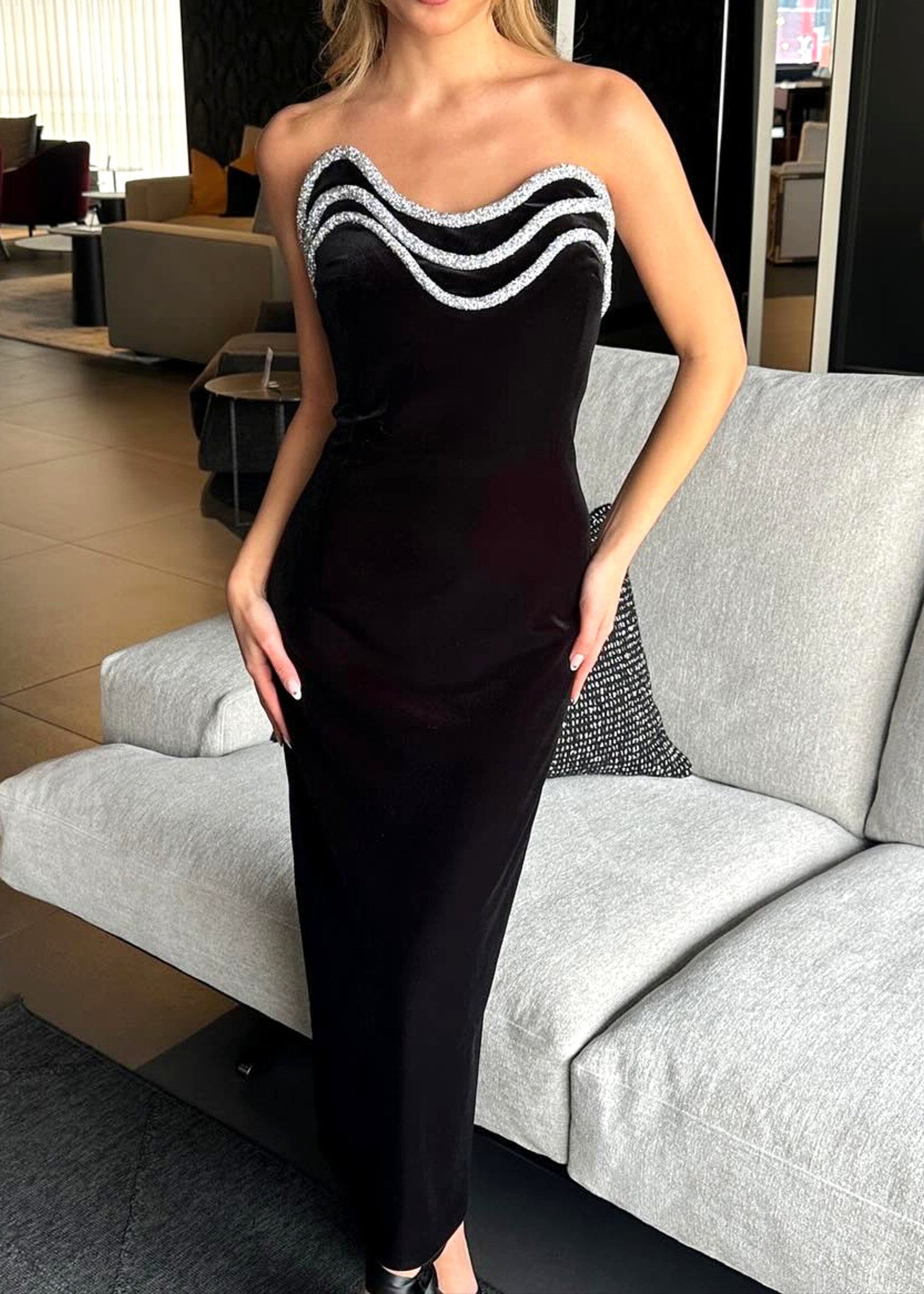 Garvie Strapless Crystal Trim Detail Midi Dress In Black