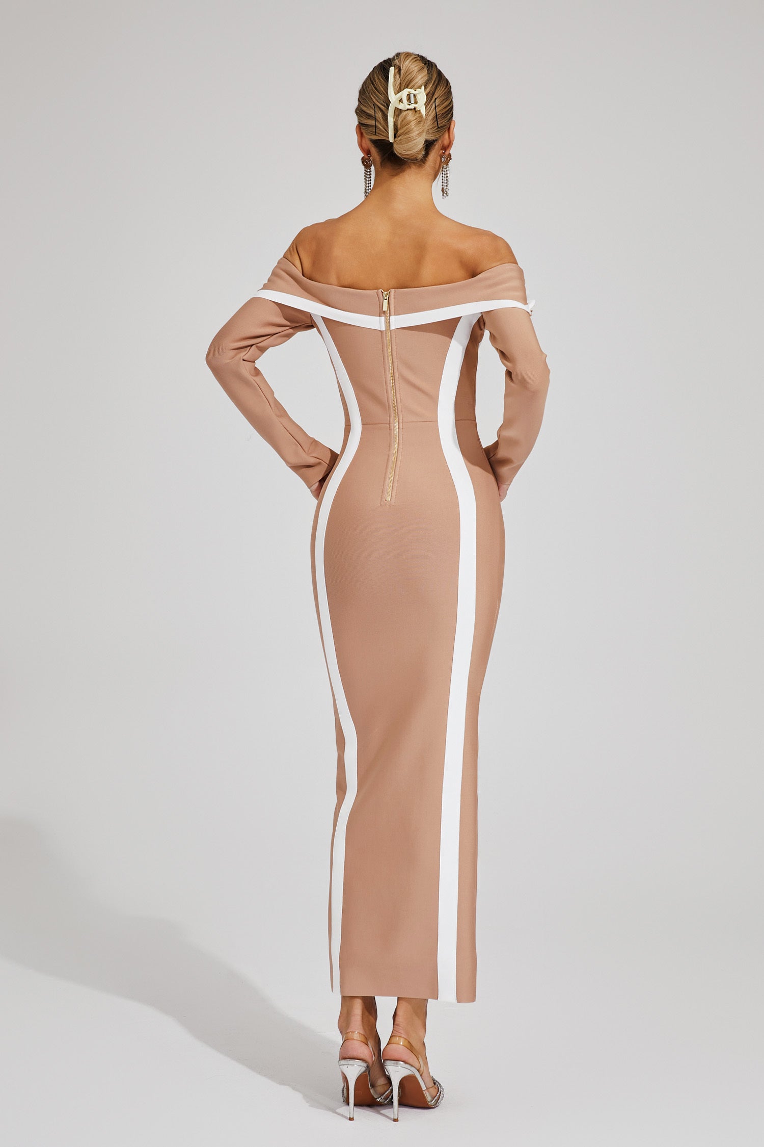 Cada Off Shoulder Bandage Maxi Dress In Apricot